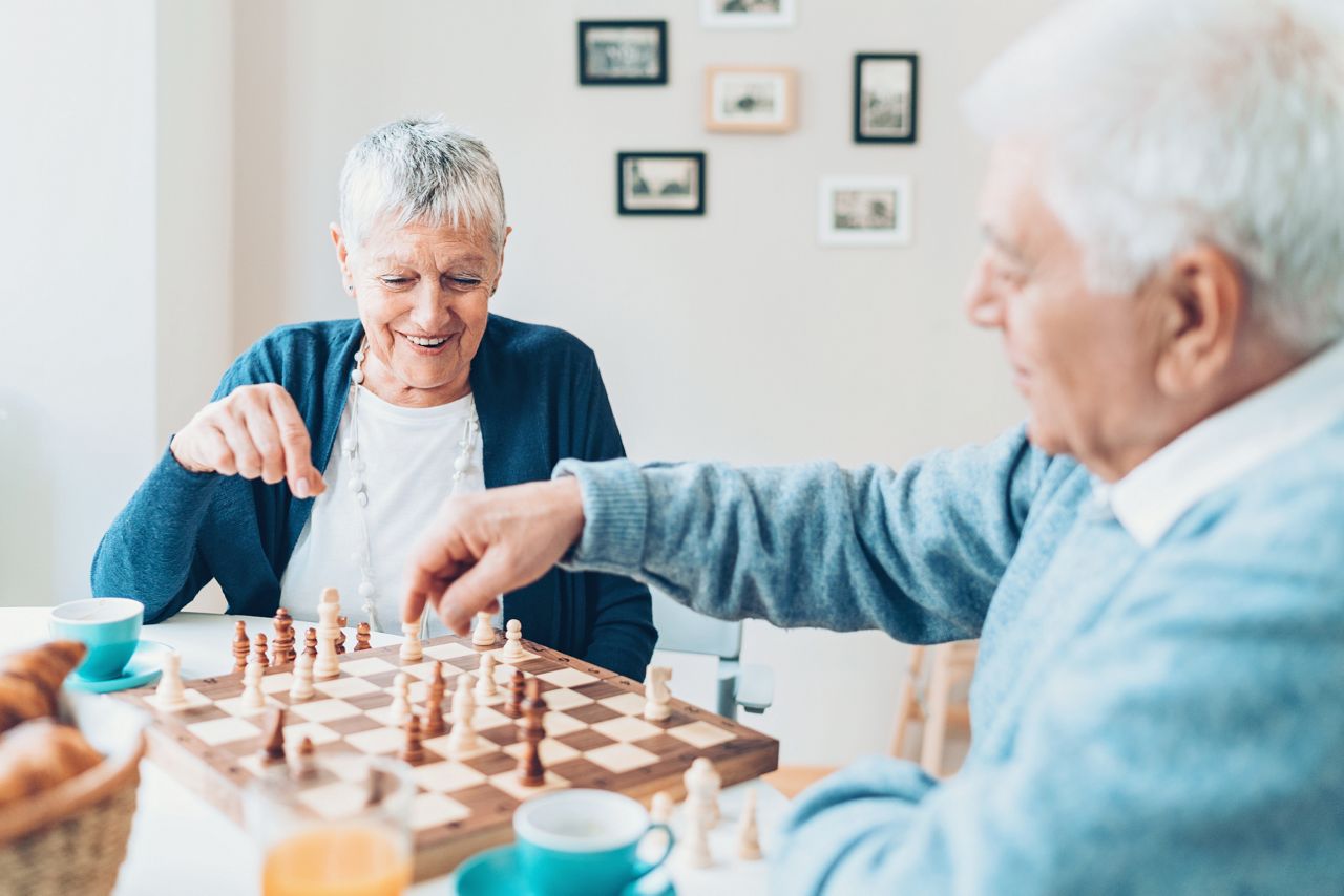 Happy senior couple playing chess