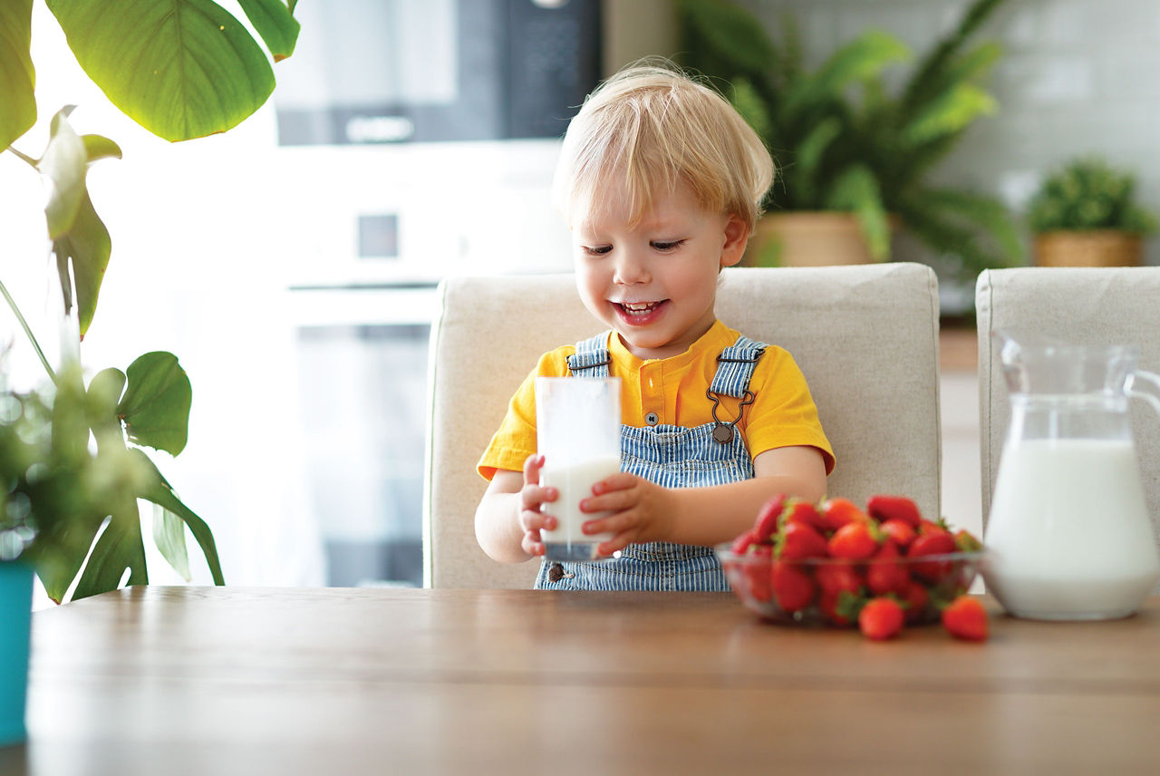 Kind mit einem Glas Milch in der Hand und einer Schale Erdbeeren