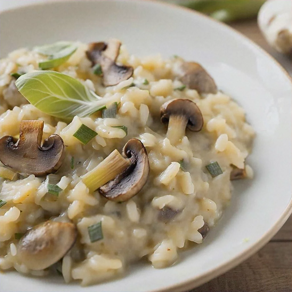 A close-up of a creamy mushroom risotto served in a white bowl. The dish is garnished with fresh basil leaves and chopped green herbs, highlighting its rich texture and earthy tones. The setting suggests a rustic dining experience with wooden accents in the background.