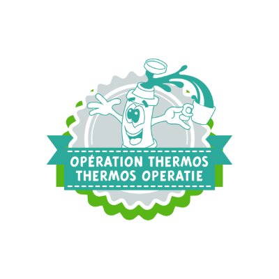 Logo van Operatie Thermos met een vrolijke thermosfiguur, dat staat voor voedselhulp, solidariteit en gelijke kansen voor kinderen.