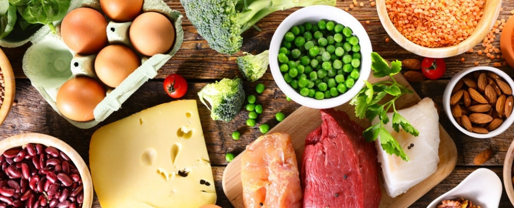 Nutritious foods including eggs, peas, cheese, fish and nuts