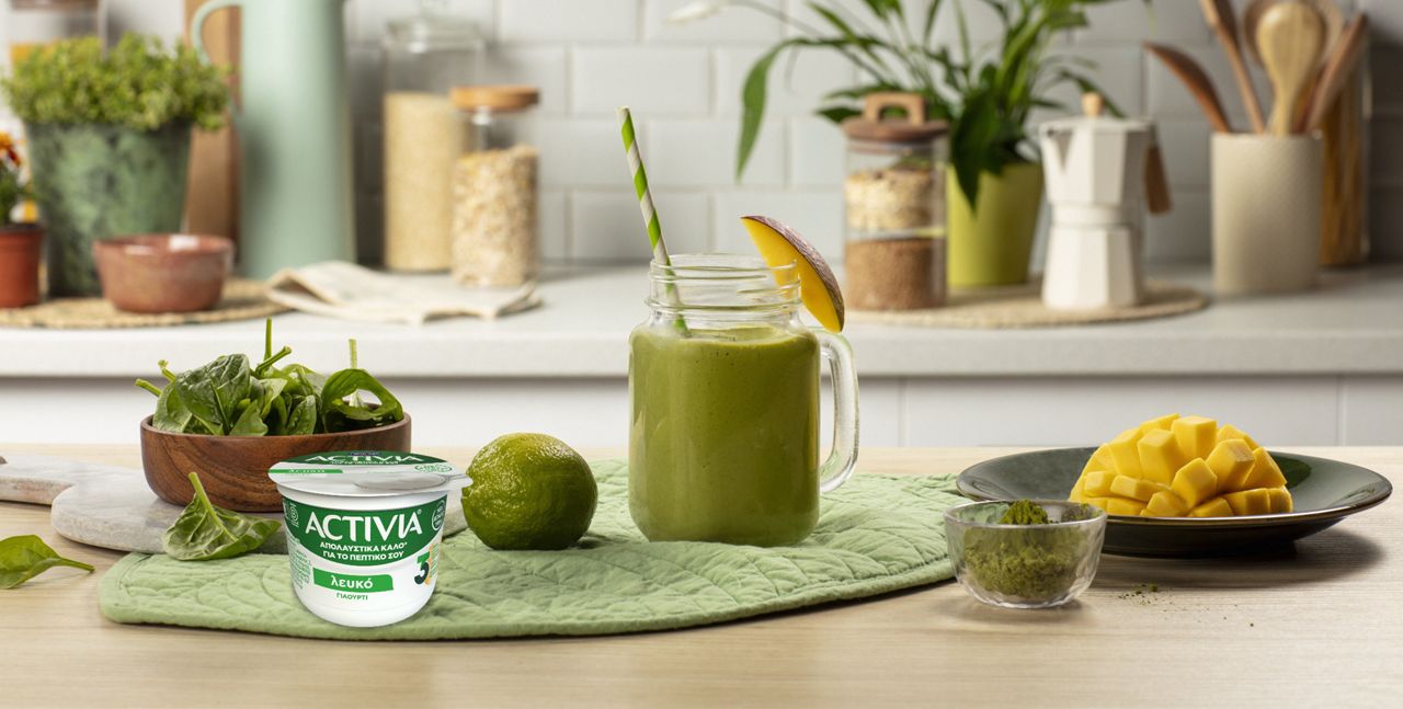 Τσάι Matcha και smoothie μάνγκο με Activia