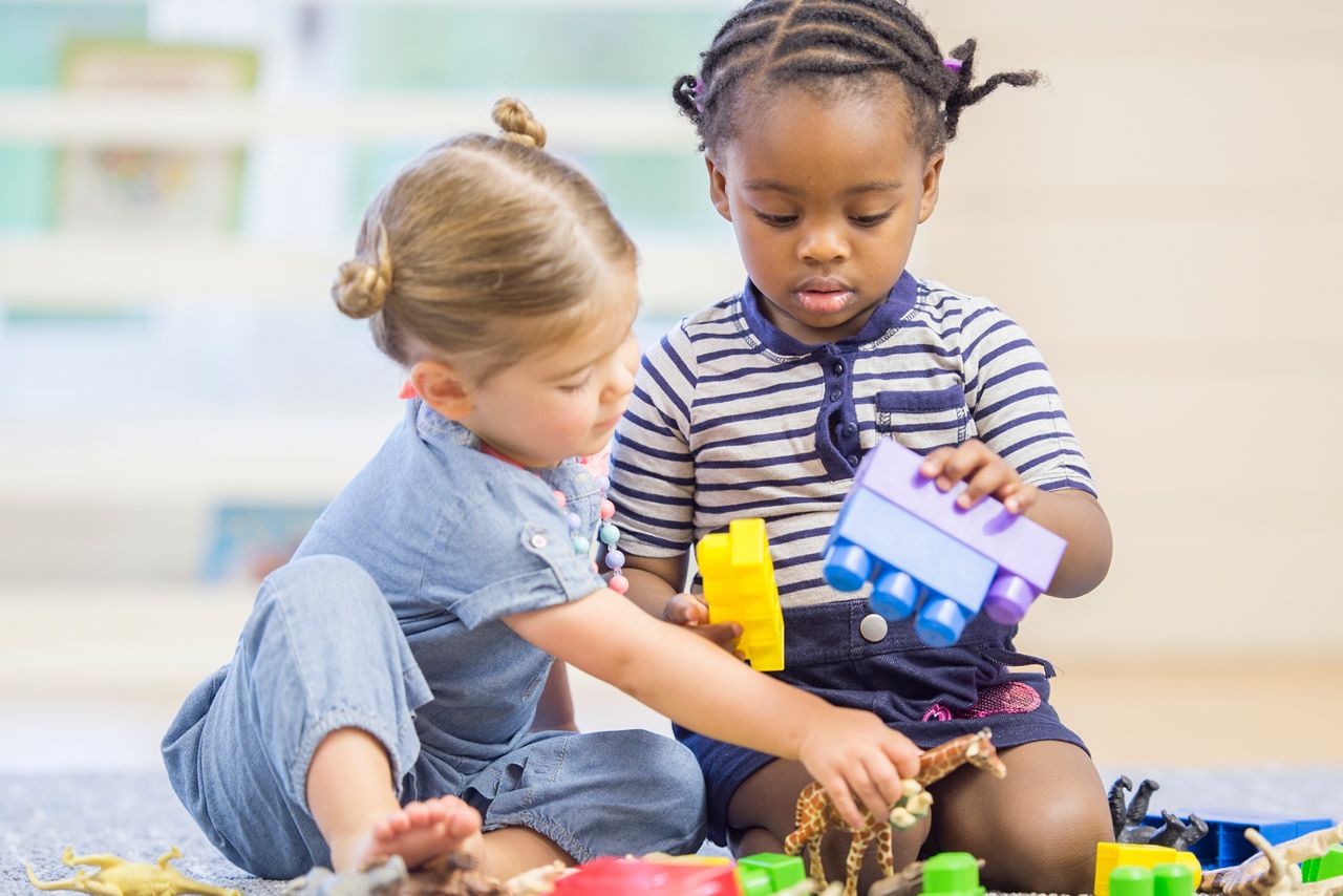 A multi-ethnic group of toddlers are sitting on the floor playing with toy building blocks.