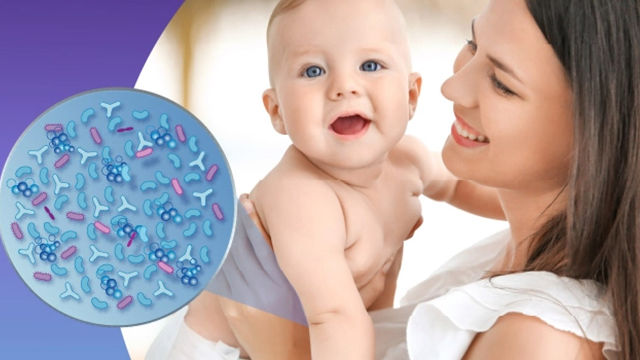 Imágen de microbiota y de bebé al cuidado de su madre 