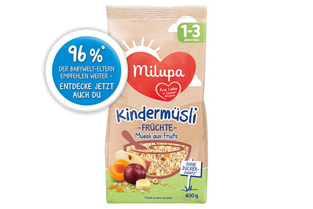 Kindermüsli Früchte Packshot mit DM Empfehlung