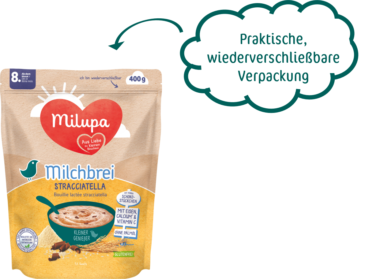 Milchbrei Stracciatella 8 Monate mit Wolke wiederverschließbare Verpackung