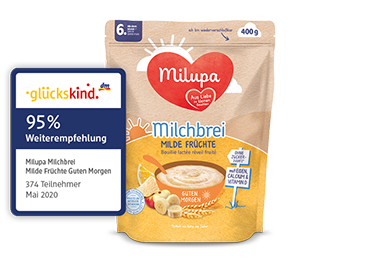 Milchbrei Milde Früchte 6 Monate Packshot mit DM Glückskind Empfehlung