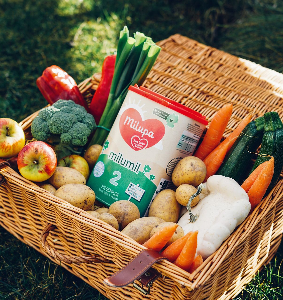 Milumil FO2 im Picknickkorb mit Gemüse und Obst