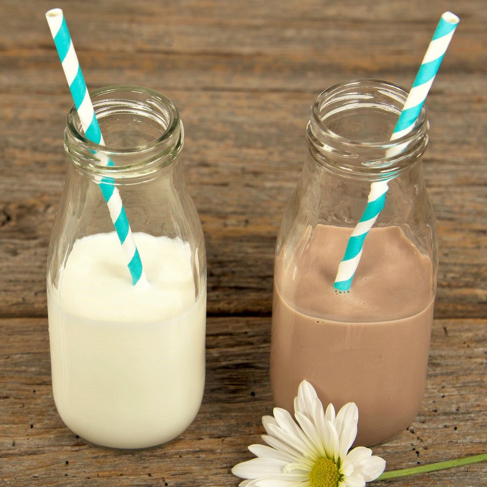 White and chocolate milk in glass retro bottles with striped straws and white daisy on rustic wood.