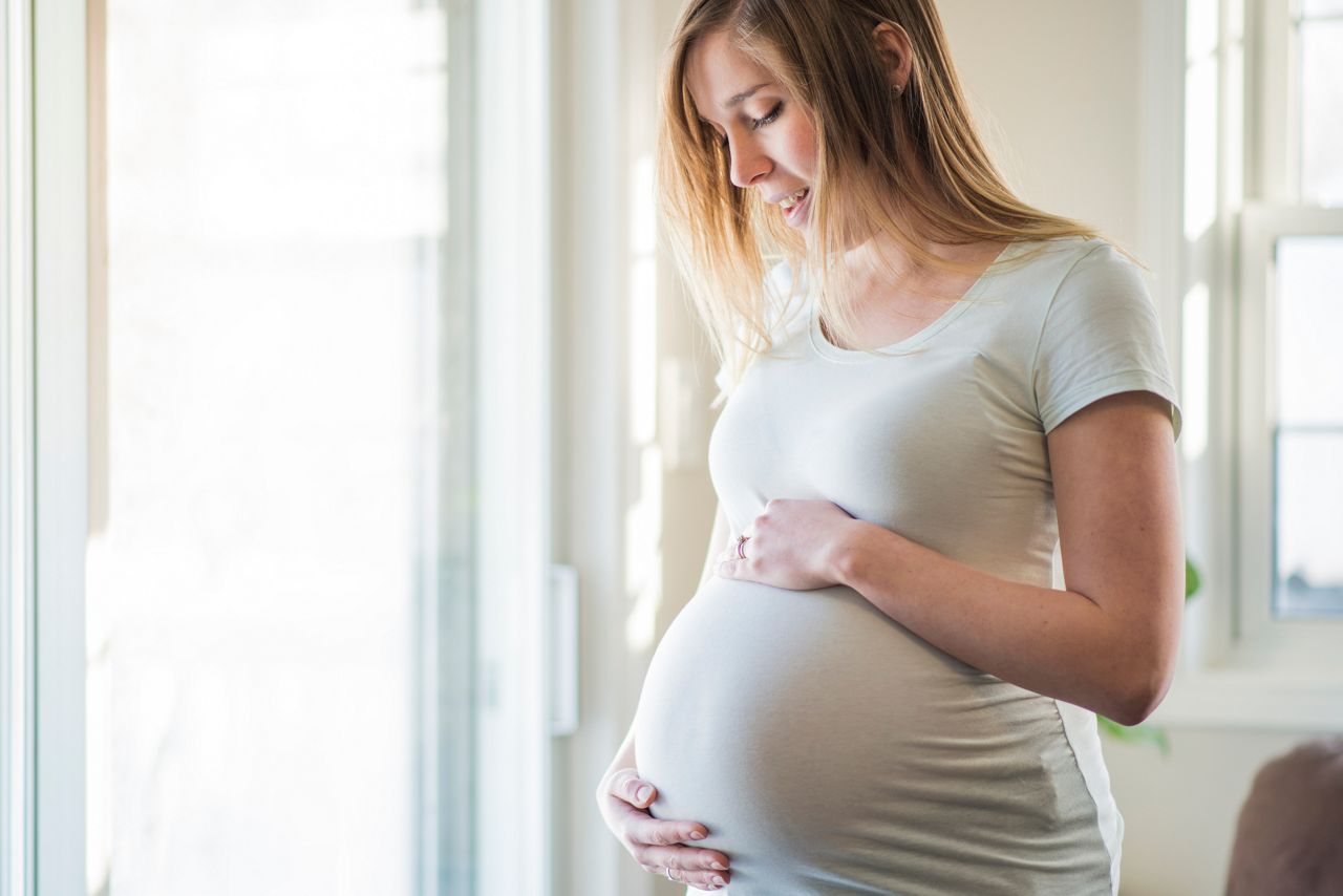 A beautiful pregnant woman stands in a bright, sunlit room. She smiles kindly and holds her stomach.