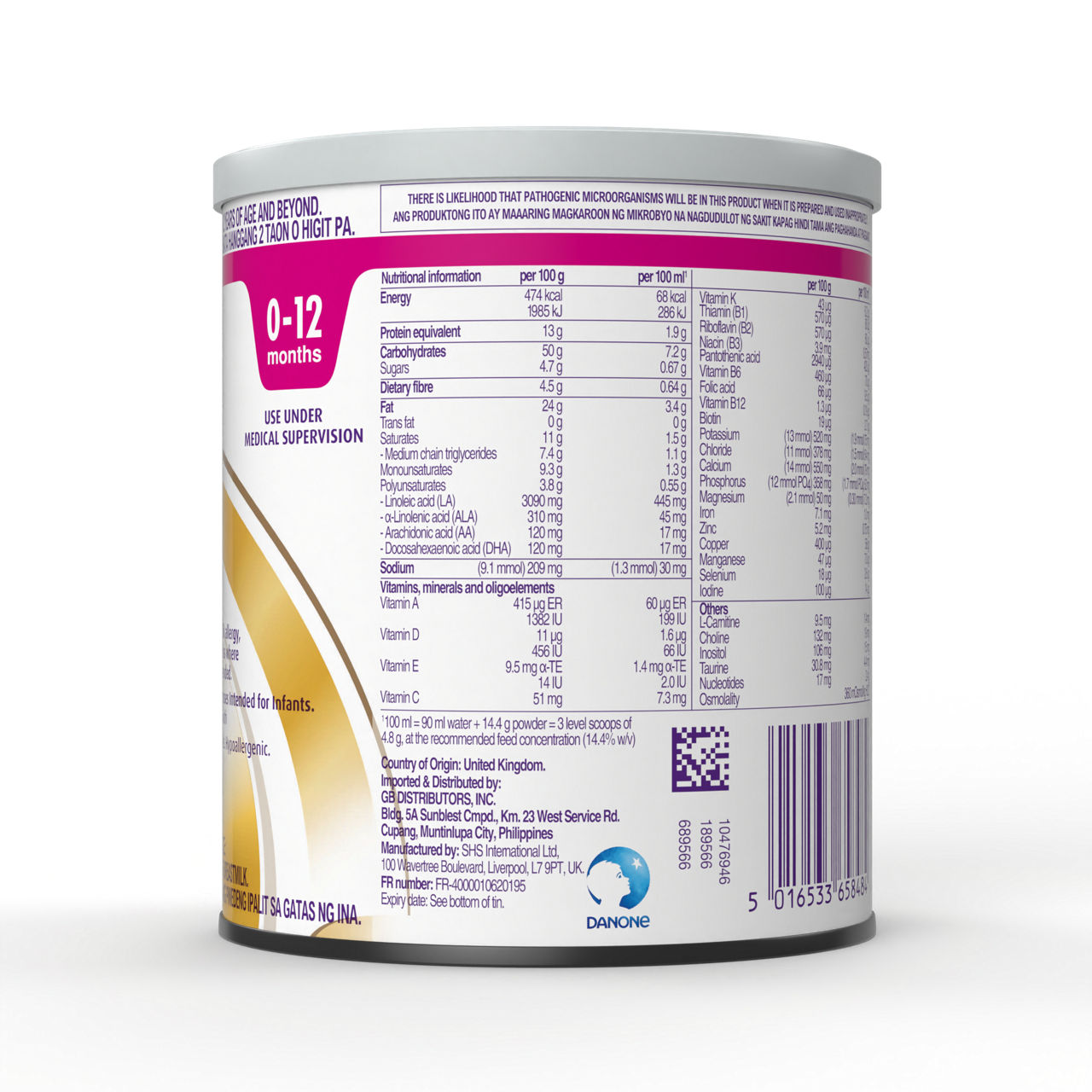 Side view of Neocate Amino Acid Syneo Amino Acid-Based Formula powder for infants up to 12 months in a 400 gram tin with nutritional information