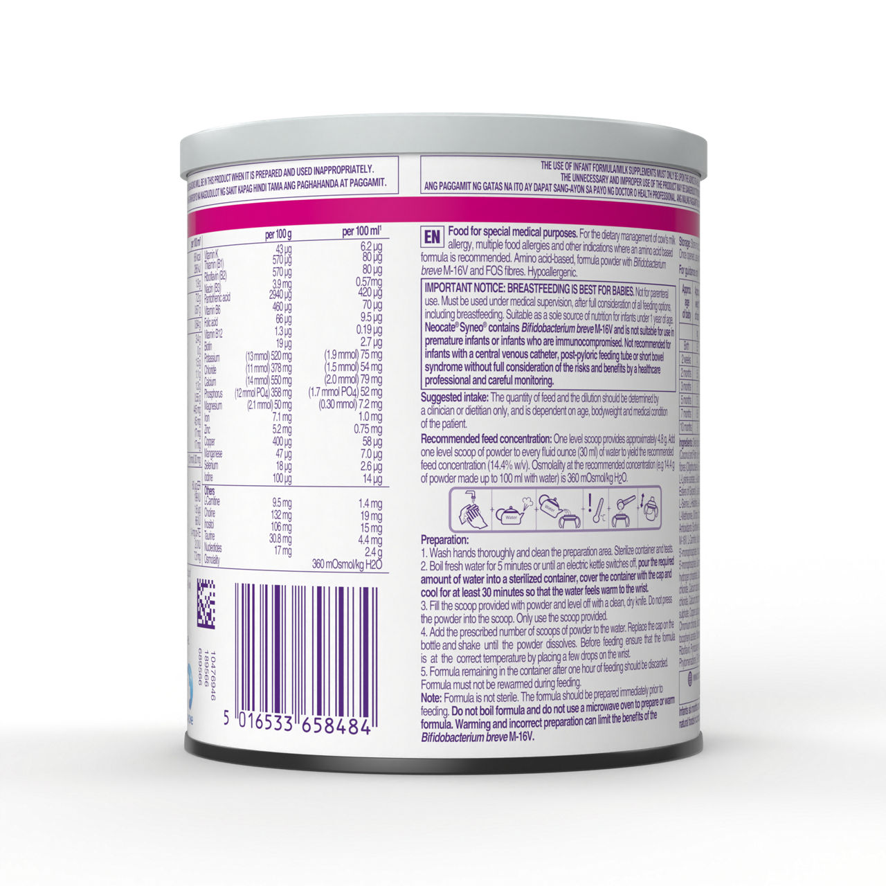 Side view of Neocate Amino Acid Syneo Amino Acid-Based Formula powder for infants up to 12 months in a 400 gram tin with preparation instructions