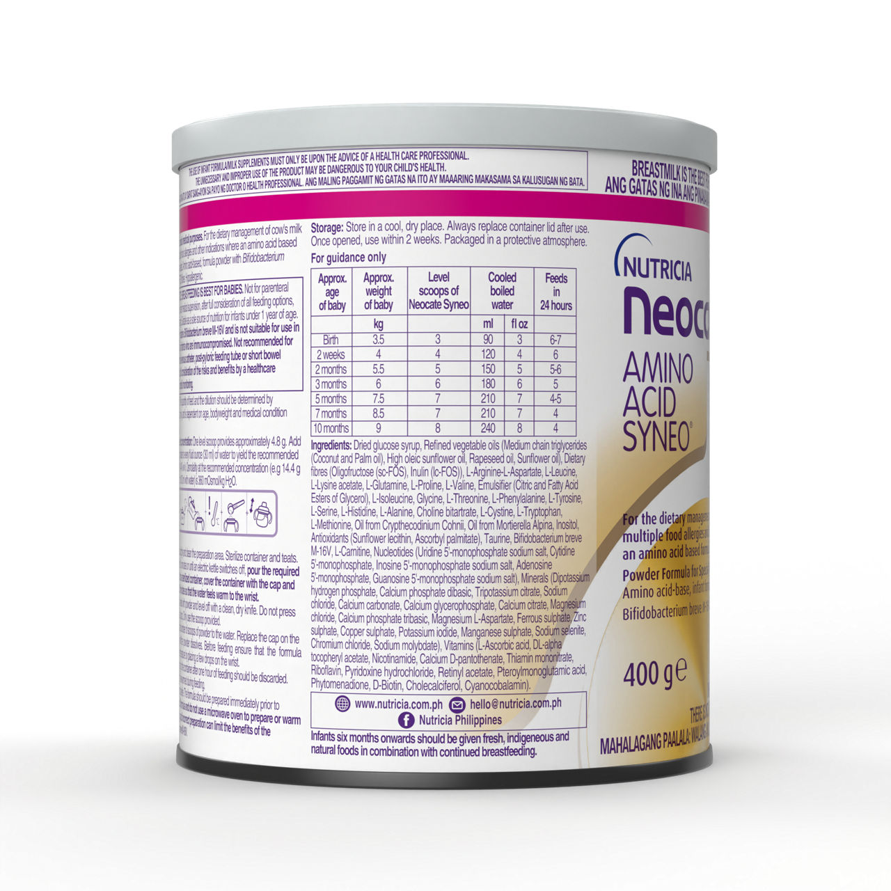 Side view of Neocate Amino Acid Syneo Amino Acid-Based Formula powder for infants up to 12 months in a 400 gram tin with ingredients
