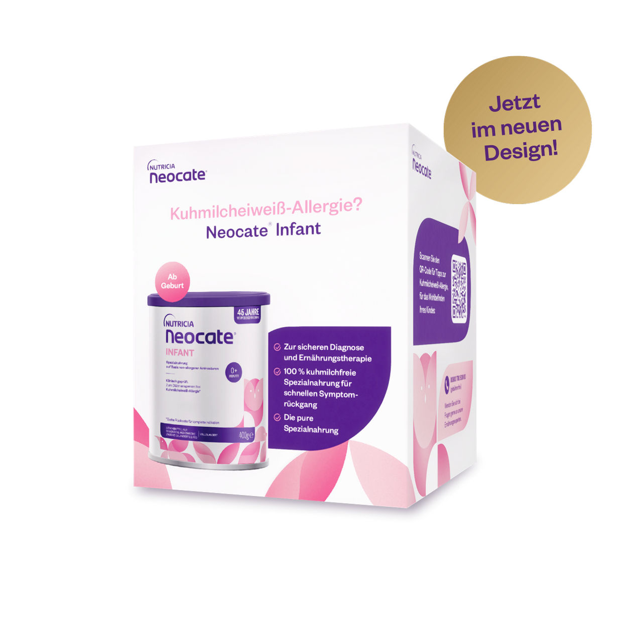 Neocate Infant Spezialnahrung im neuen Design für Babys mit Kuhmilcheiweiß-Allergie, geeignet ab Geburt, Packung abgebildet.