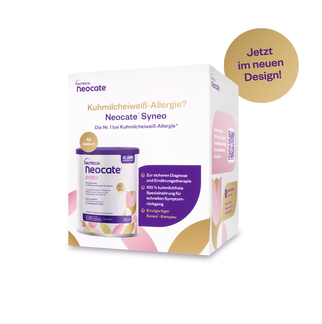 Neocate Syneo Spezialnahrung von Nutricia für Babys mit Kuhmilcheiweiß-Allergie, Verpackung im neuen Design.