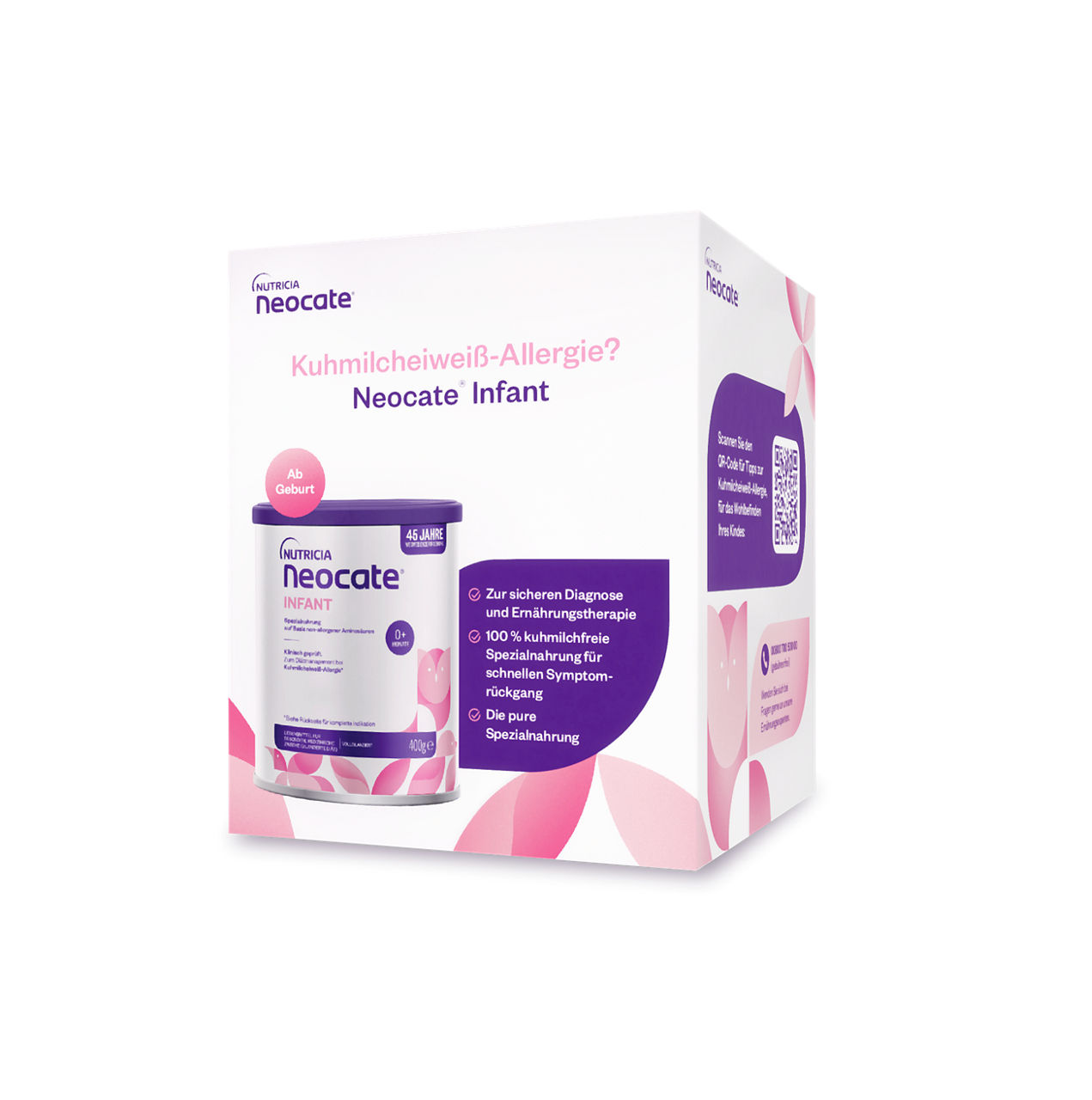 Neocate Infant Spezialnahrung von Danone Nutricia bei Kuhmilcheiweiß-Allergie mit Infos zur Anwendung auf der Verpackung.