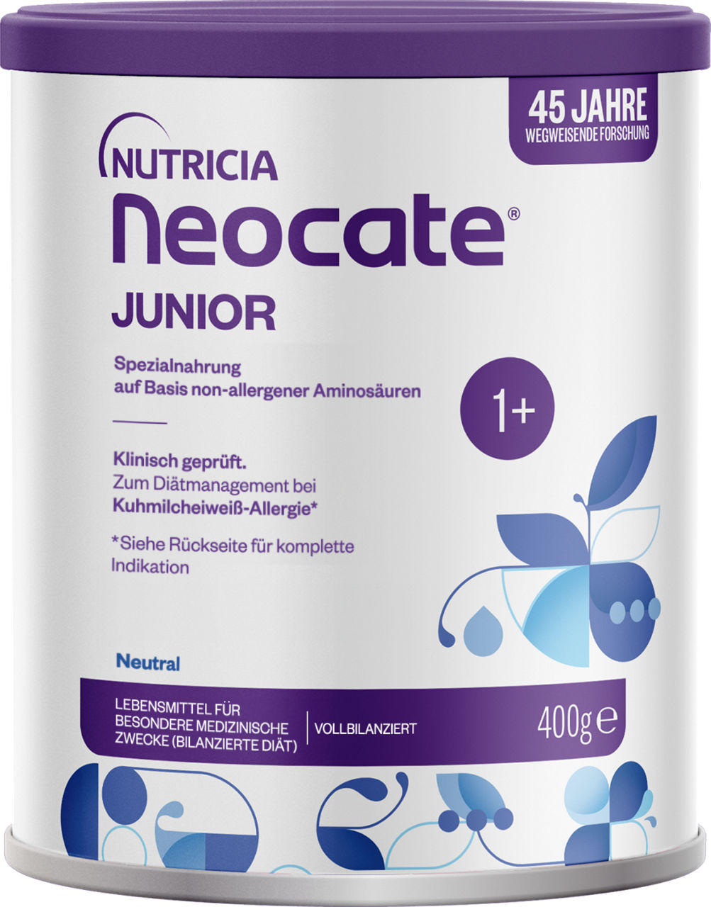 Dose Nutricia Neocate Junior Spezialnahrung für Kinder ab 1 Jahr bei Kuhmilcheiweiß-Allergie, 400g, lila-weißes Design.