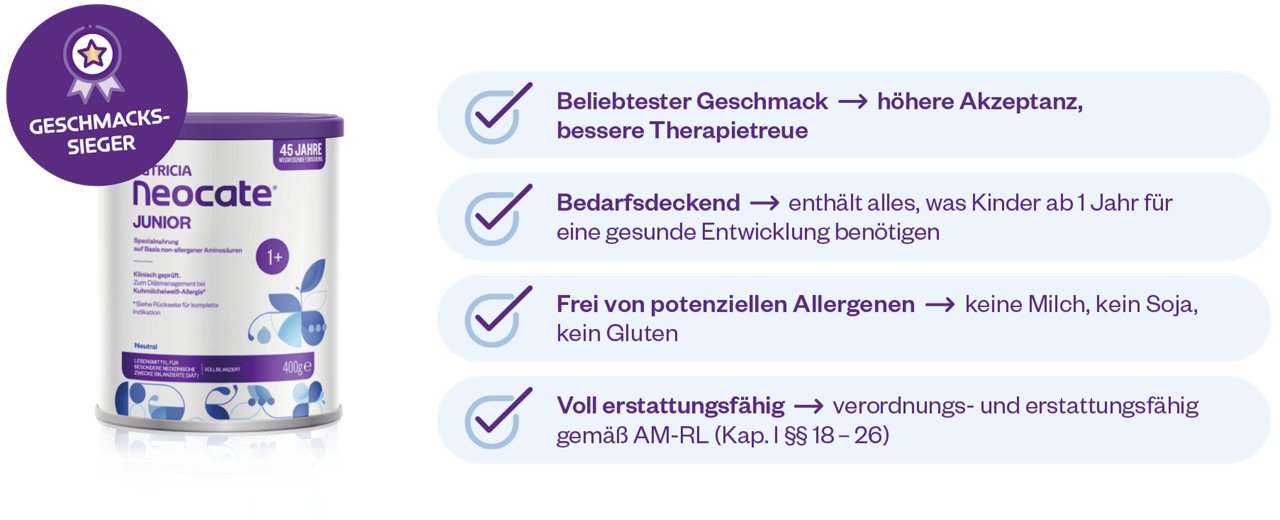 Die Dose Neocate Junior von Nutricia steht links, rechts daneben stehen vier Vorteile wie Geschmack, Allergiefreiheit und Erstattungsfähigkeit.