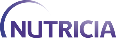 The image features the Nutricia logo prominently displayed in a clean, blue text design. The logo includes a curved line element above the text, adding a distinctive visual identity. The background is plain, ensuring the logo stands out clearly.