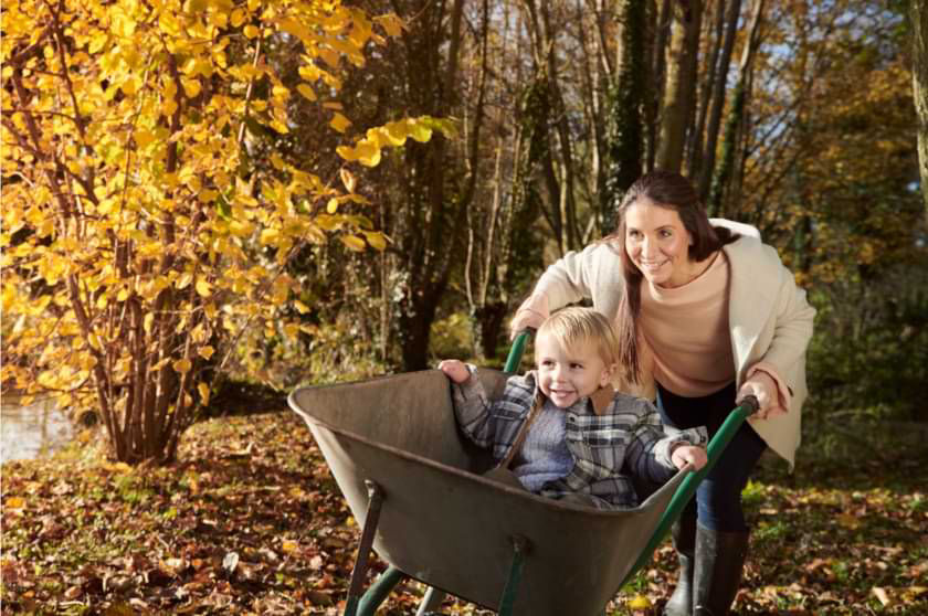 Mother walking his son in a wheelbarrow