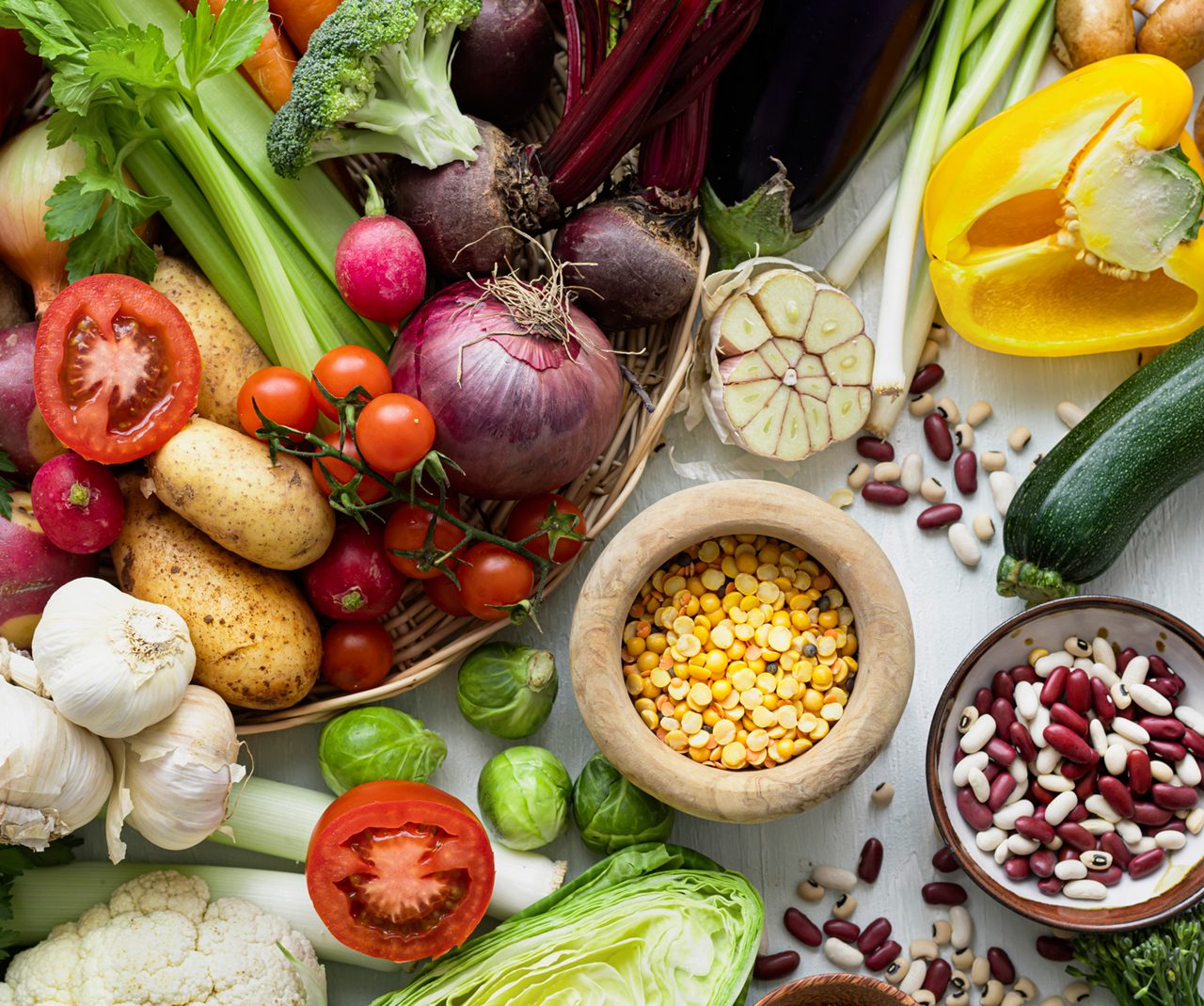 Fresh vegetables and legumes on display