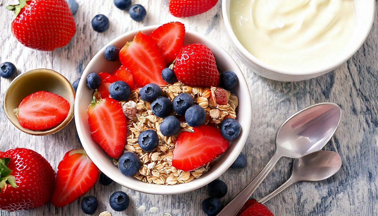 Kom havermout gegarneerd met bessen, geserveerd met yoghurt en lepels.