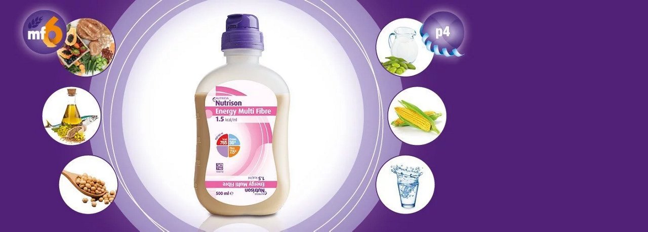 Nutricia Energy Multi Fibre Flasche steht zentral, umgeben von Symbolen für Zutaten wie Öl, Mais, Soja und Wasser.