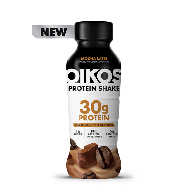 Oikos Protein Shake Mocha Latte 12 fl oz bottle, 30g protein, caffeine equal to one cup of coffee