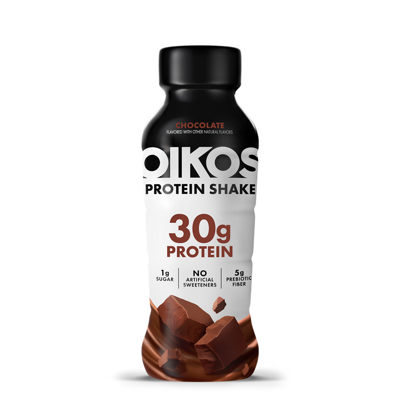 Oikos Protein Shake Chocolate 12 fl oz bottle, 30g protein, 1g sugar, no artificial sweeteners
