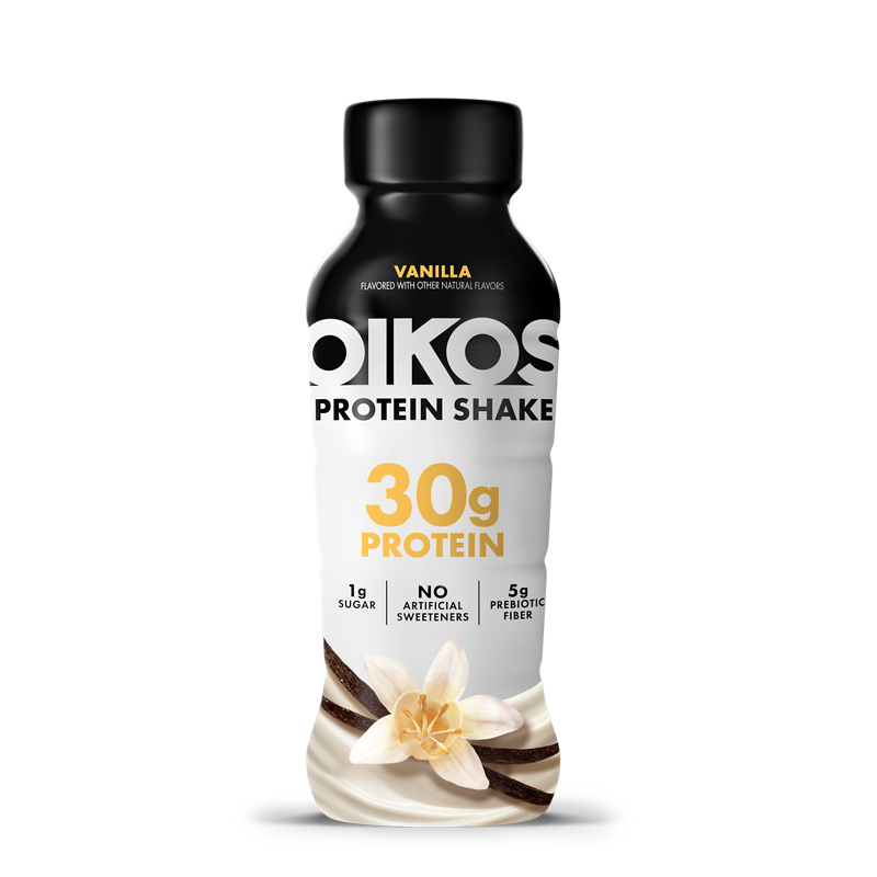 Oikos Protein Shake Vanilla 12 fl oz bottle, 30g protein, 1g sugar, 5g prebiotic fiber