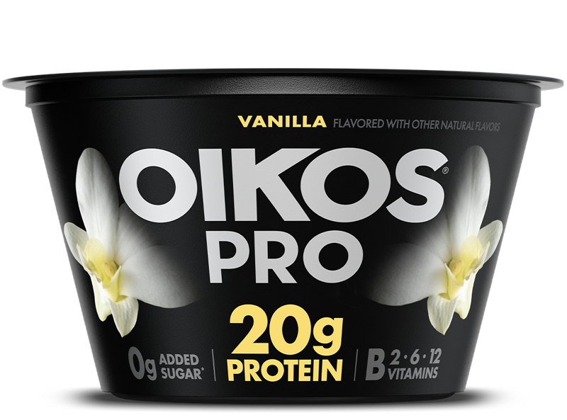 Oikos Pro Vanilla cultured ultra-filtered milk yogurt 5.3 oz cup, 20g protein, 0g added sugar