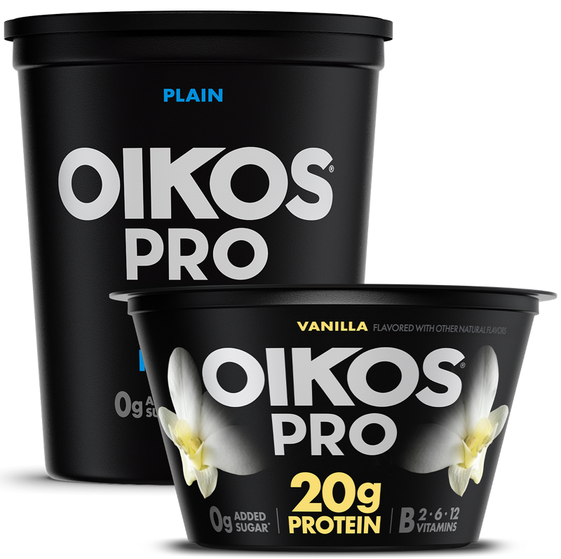 Oikos Pro Vanilla high protein yogurt-cultured ultra-filtered milk cup 20g protein 130 calories 0g added sugar