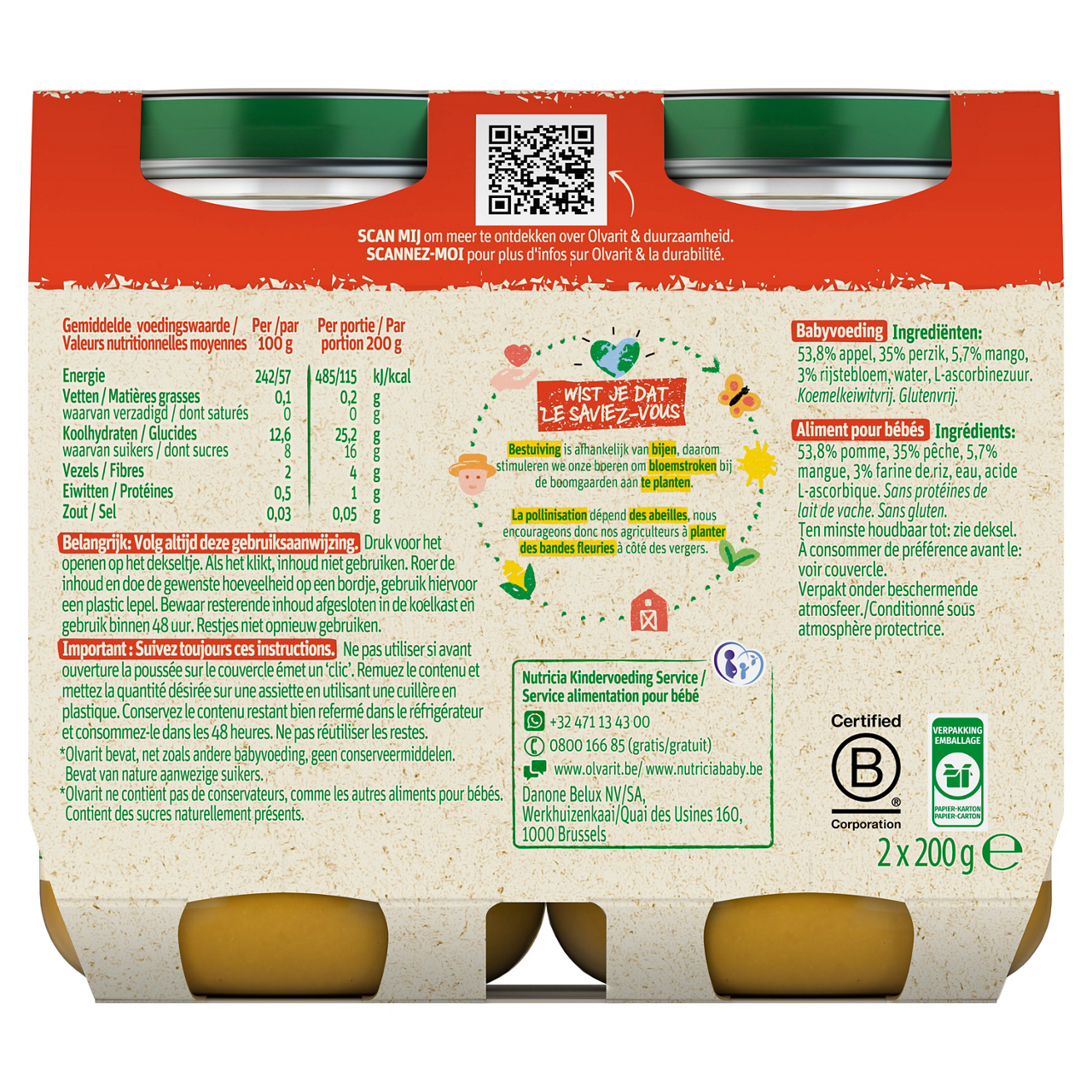 Olvarit Pomme Pêche Mangue. Consultez notre site web Olvarit.be pour plus d'info sur alimentation pour bébé et les produits Olvarit.