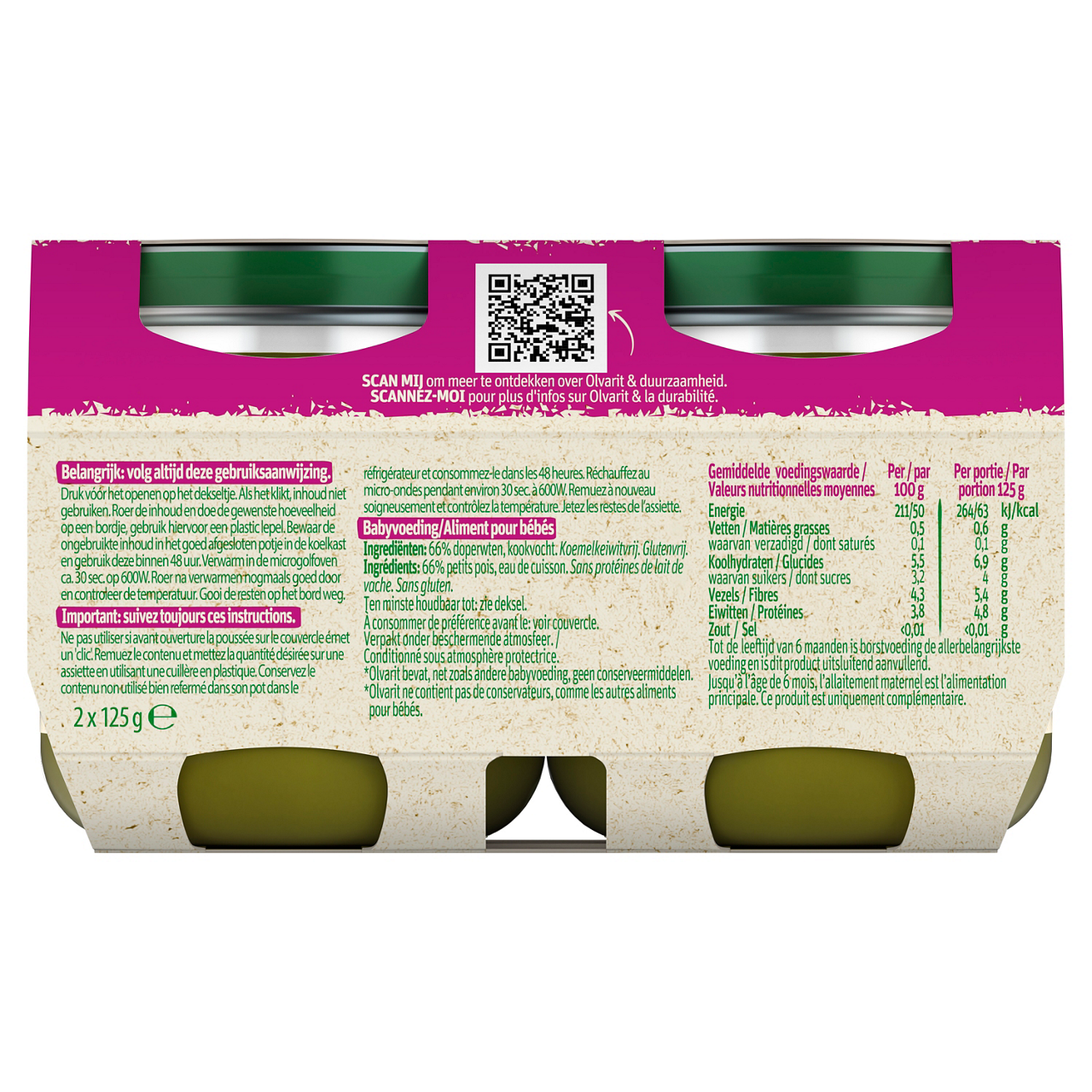 Ma Première Cuillère Petits pois (125 g). Consultez notre site web Olvarit.be pour plus d'info sur alimentation pour bébé et les produits Olvarit.