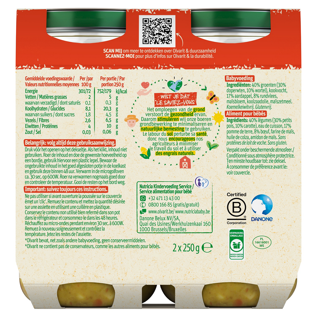 Olvarit Petits pois Boeuf Pomme de terre (250 g). Consultez notre site web Olvarit.be pour plus d'info sur alimentation pour bébé et les produits Olvarit.