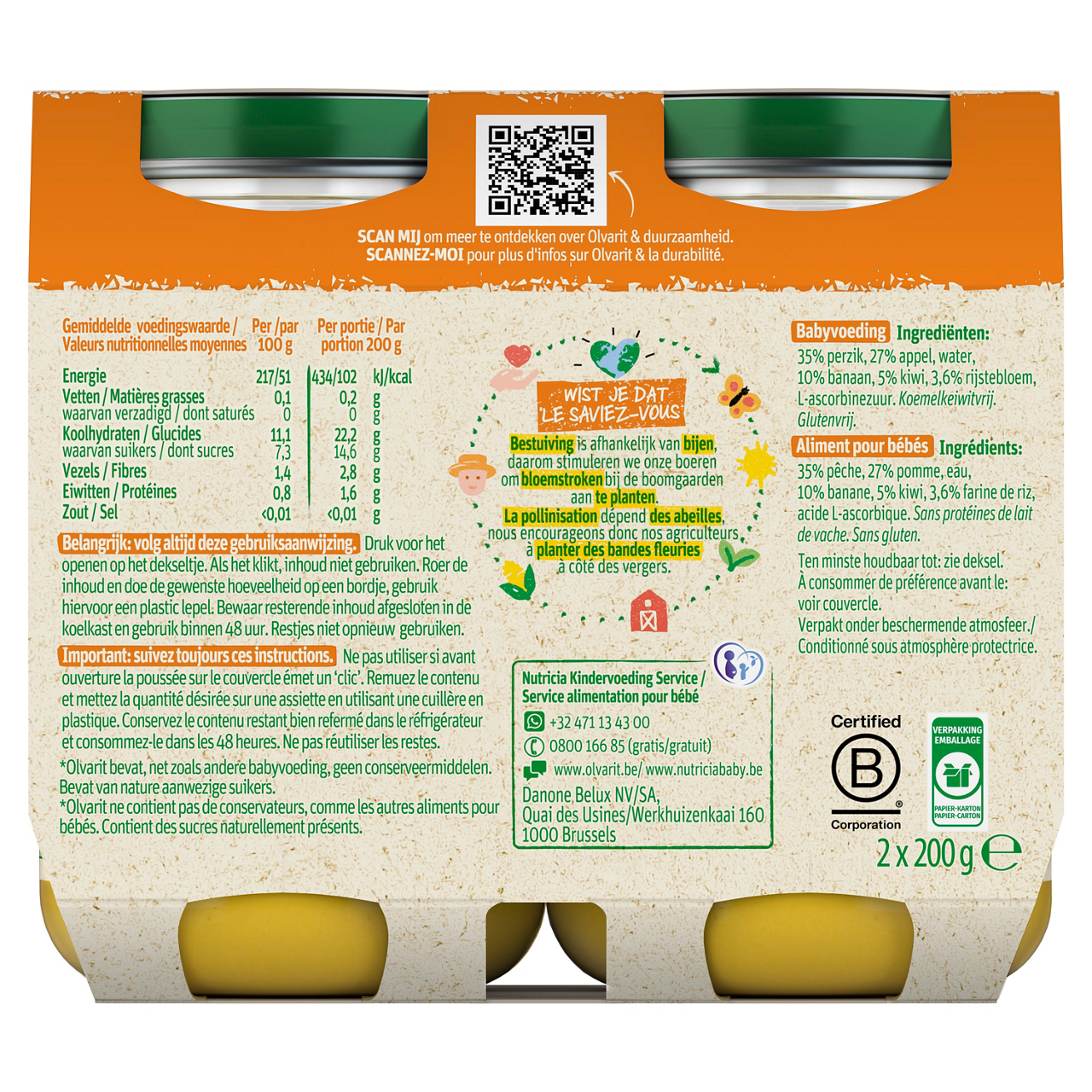 Olvarit Fruits Pêche Pomme Kiwi. Consultez notre site web Olvarit.be pour plus d'info sur alimentation pour bébé et les produits Olvarit.