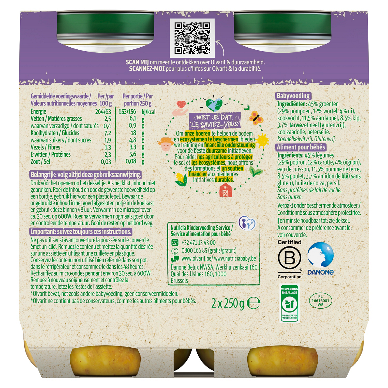 Olvarit Potiron Poulet Pâtes (250 g). Consultez notre site web Olvarit.be pour plus d'info sur alimentation pour bébé et les produits Olvarit.
