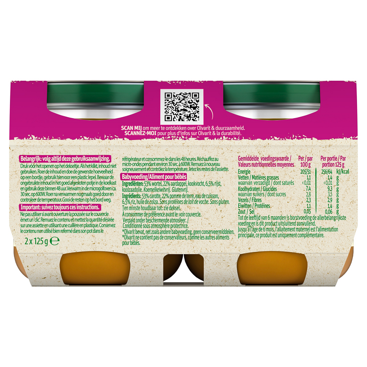 Ma Première Cuillère Carotte pomme de terre (125 g). Consultez notre site web Olvarit.be pour plus d'info sur alimentation pour bébé et les produits Olvarit.