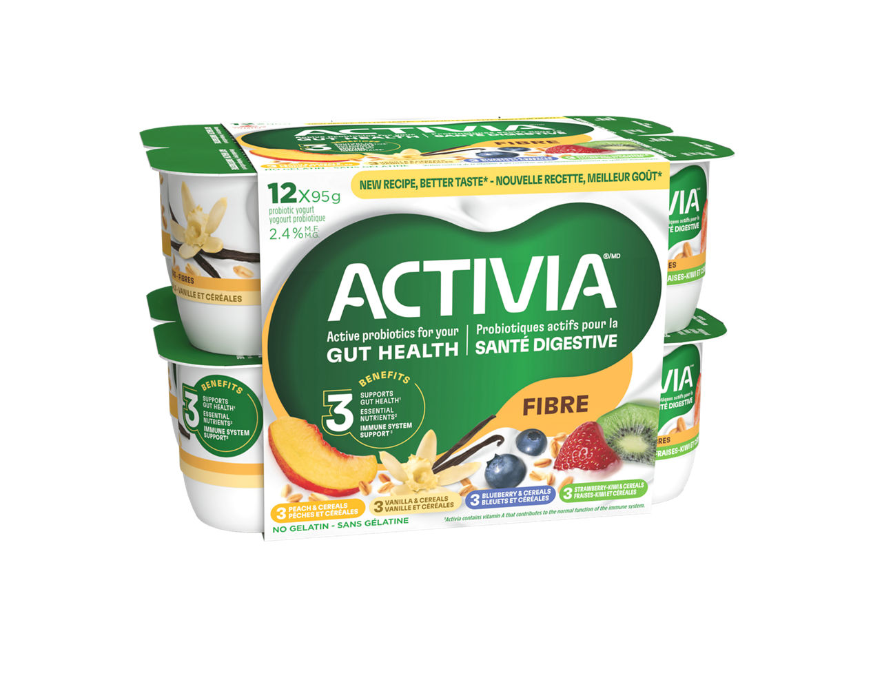 Peach & cereals, Vanilla & cereals, Blueberry & cereals, Strawberry-kiwi & cereals probiotic yogurt | Activia