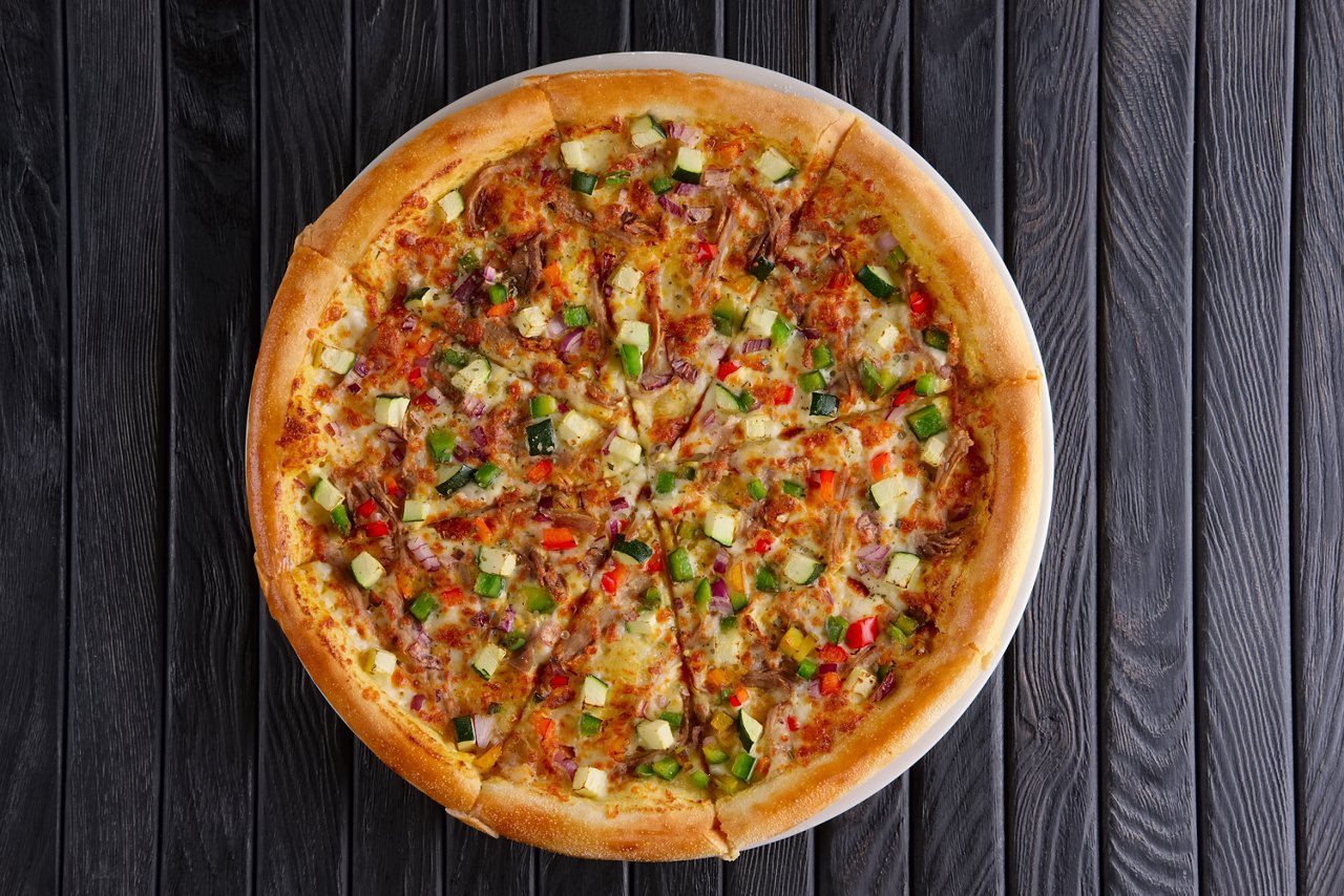 Pizza with ground-meat and vegetables, top view, Pizza with ground-meat and vegetables, top view