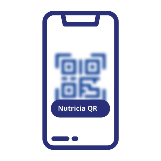 Outline of a smartphone with a blurred QR code and a blue button reading "Nutricia QR"