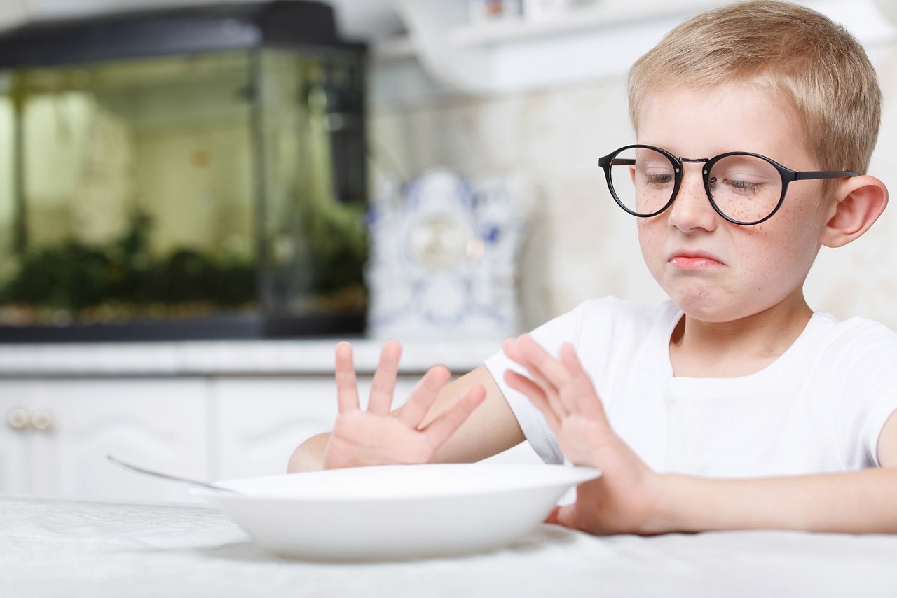 the child does not want to eat and pushes the plate away, little boy in the kitchen