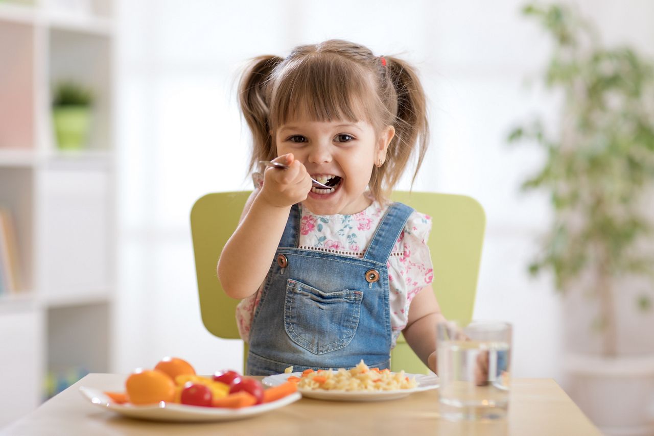 Cute child little girl eating healthy food in kindergarten; Shutterstock ID 1132492745; purchase_order: 25 thumbnail photos ; job: ; client: ; other: 