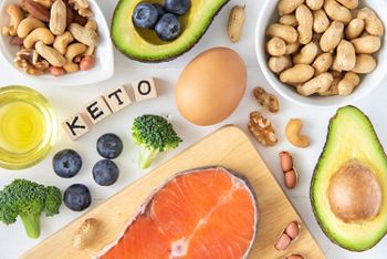 Top view of keto or ketogenic diet on white wooden background, low carb eating with high protein and good fat source; Shutterstock ID 1442476448; purchase_order: DNC Thumbnails; job: Publications; client: ; other: 