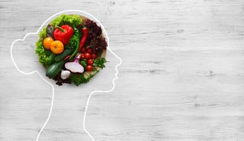 Health in your brain. Fresh vegetables in woman head symbolizing health nutrition on gray background, panorama, copy space; Shutterstock ID 1513976642; purchase_order: 25 thumbnail photos ; job: ; client: ; other: 
