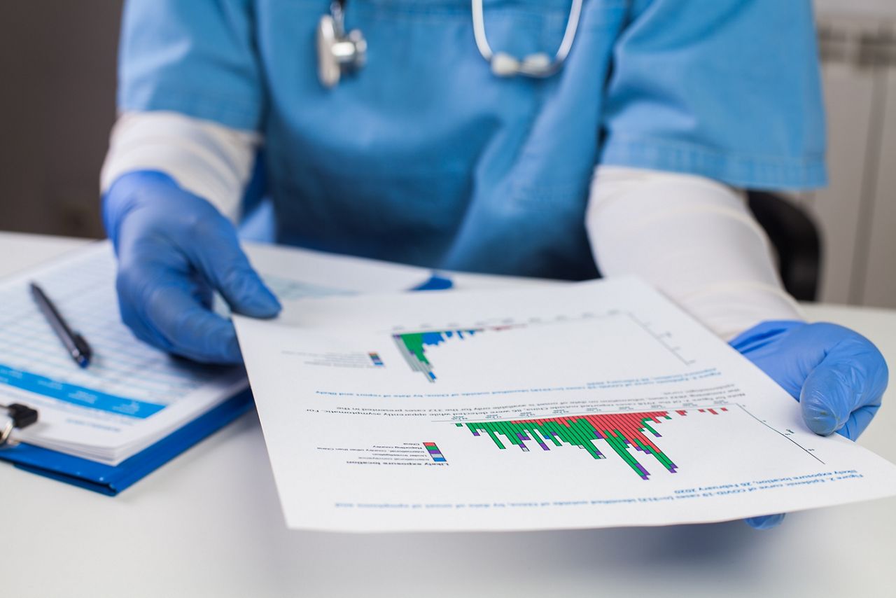 UK doctor wearing protective gloves holding document chart,analyzing COVID-19 graph data,Coronavirus global pandemic outbreak crisis,stats showing number of infected patients,death toll,mortality rate; Shutterstock ID 1728317920; purchase_order: DNC Thumbnails; job: Webinars 2 (50/188); client: ; other: 