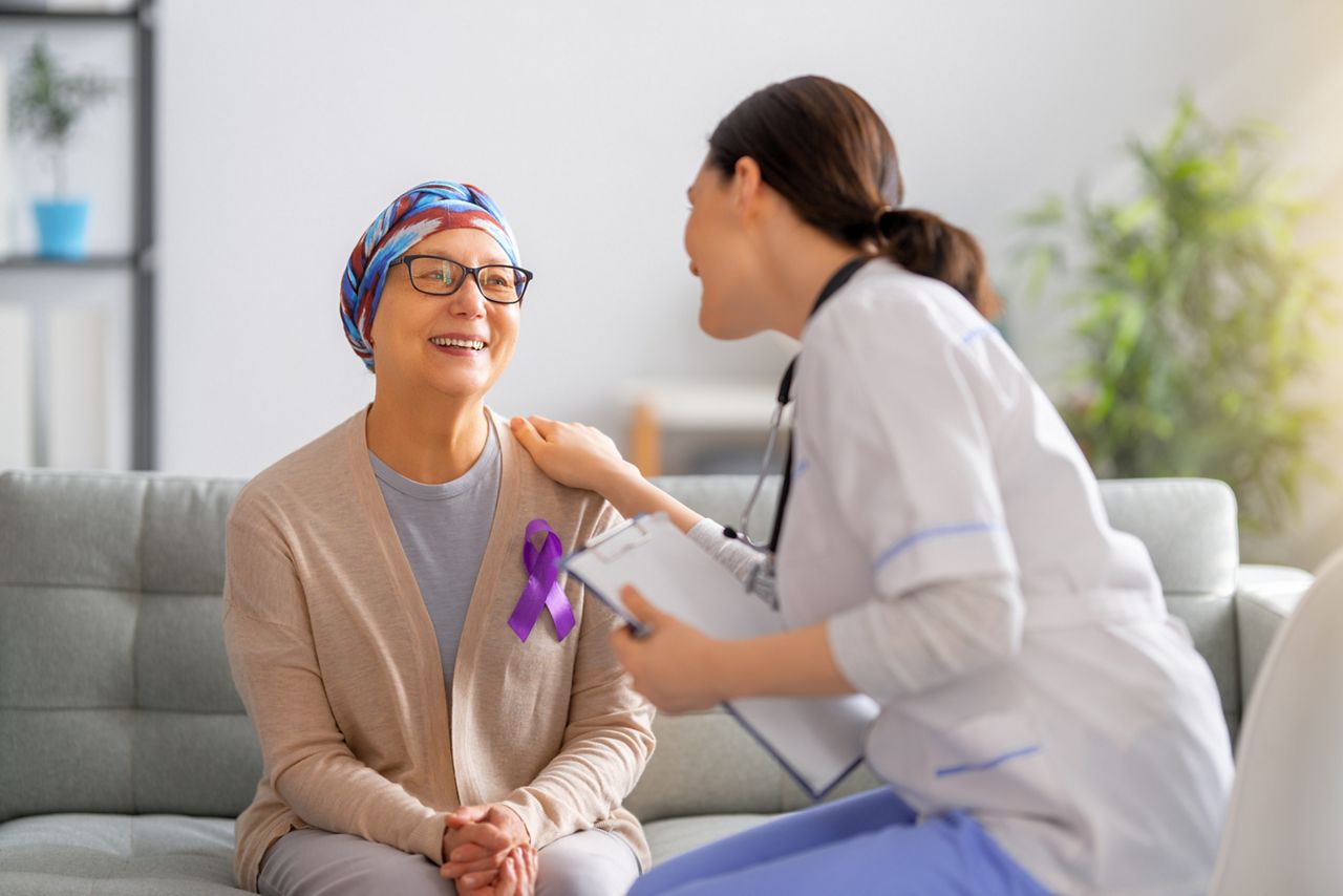 February 4 World Cancer Day. Female patient listening to doctor in medical office. Raising knowledge on people living with tumor illness.; Shutterstock ID 1899117997; purchase_order: DNC Thumbnails; job: Webinars 1 (50/189); client: ; other: 