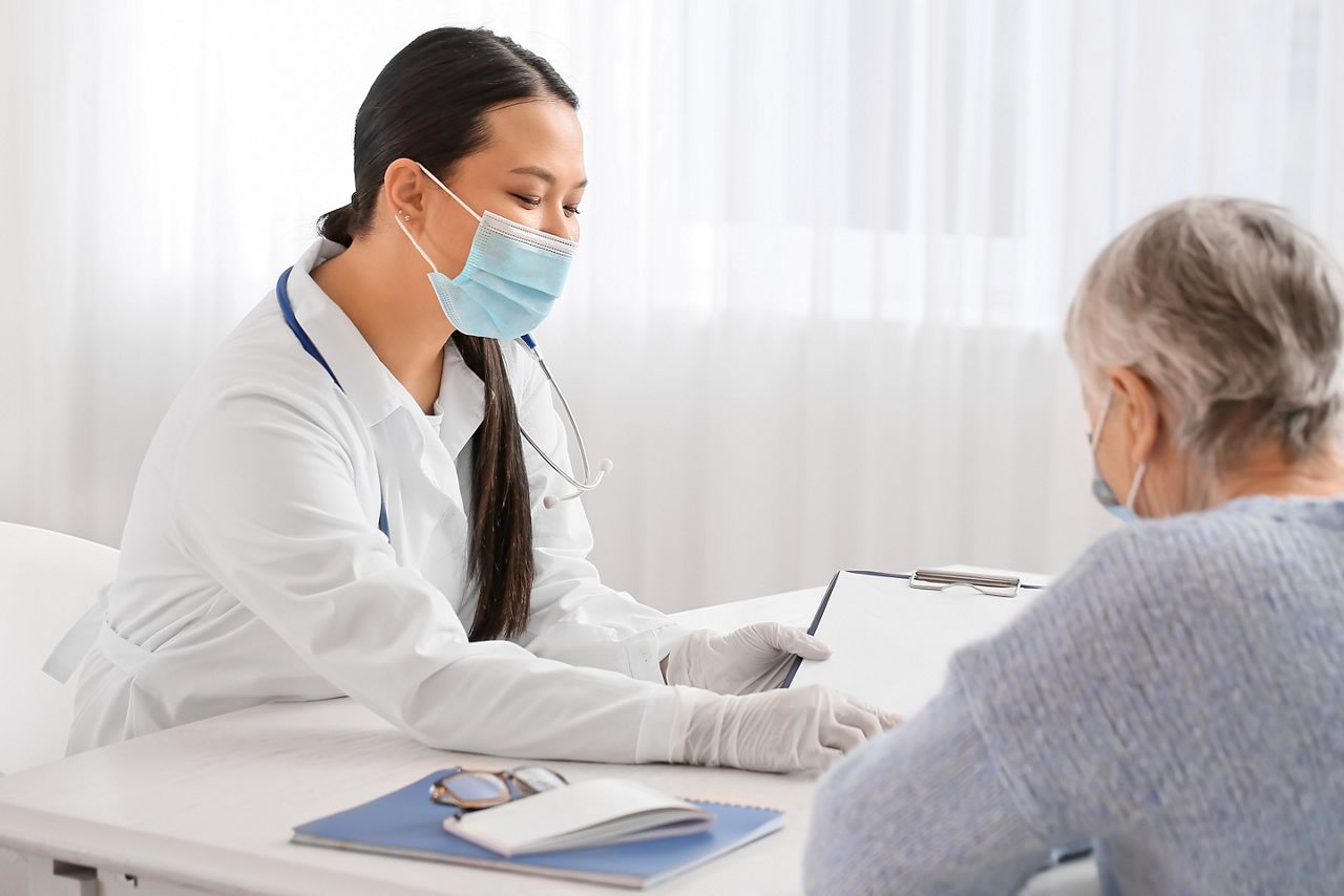 Senior woman visiting doctor in clinic; Shutterstock ID 2061288221; purchase_order: DNC Thumbnails; job: Webinars; client: ; other: Replacements