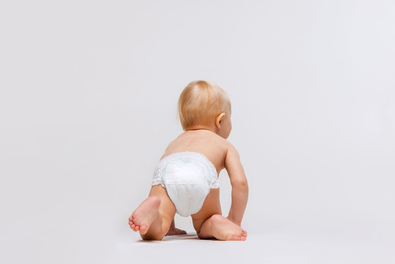 Back view portrait of little cute toddler girl, baby in diaper crawling isolated over white studio background. Concept of childhood, motherhood, life, birth, family, happiness. Copy space for ad; Shutterstock ID 2374485559; purchase_order: -; job: -; client: -; other: -