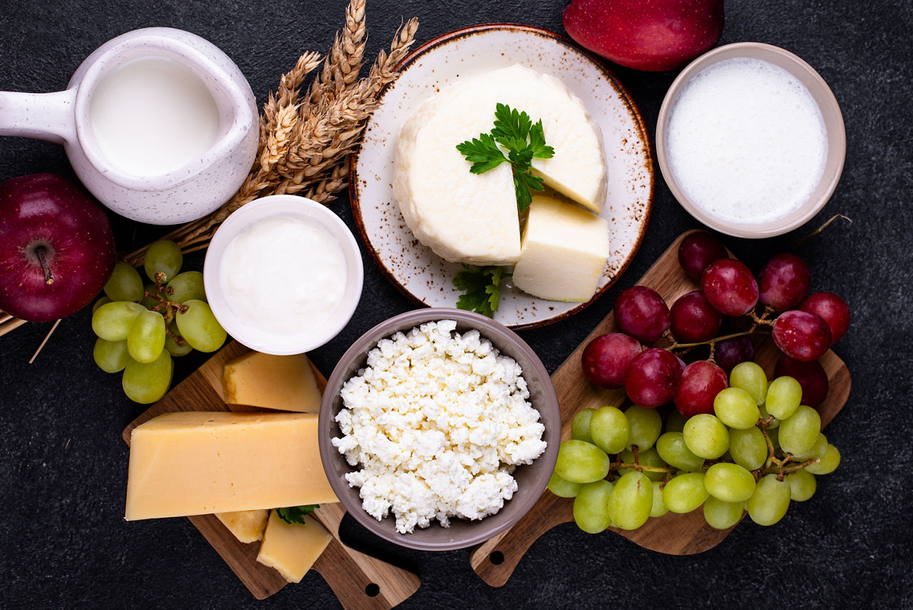 Judaic holiday Shavuot concept. Tzfat cheese and dairy products